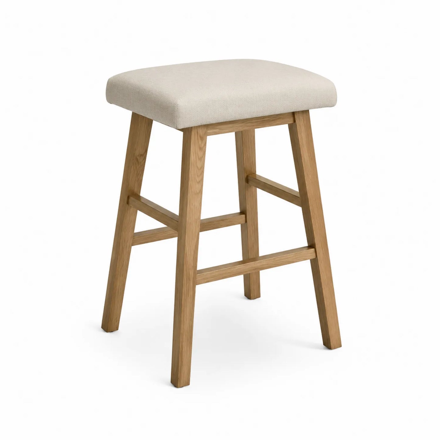 Taburete de madera de roble con asiento de tela beige