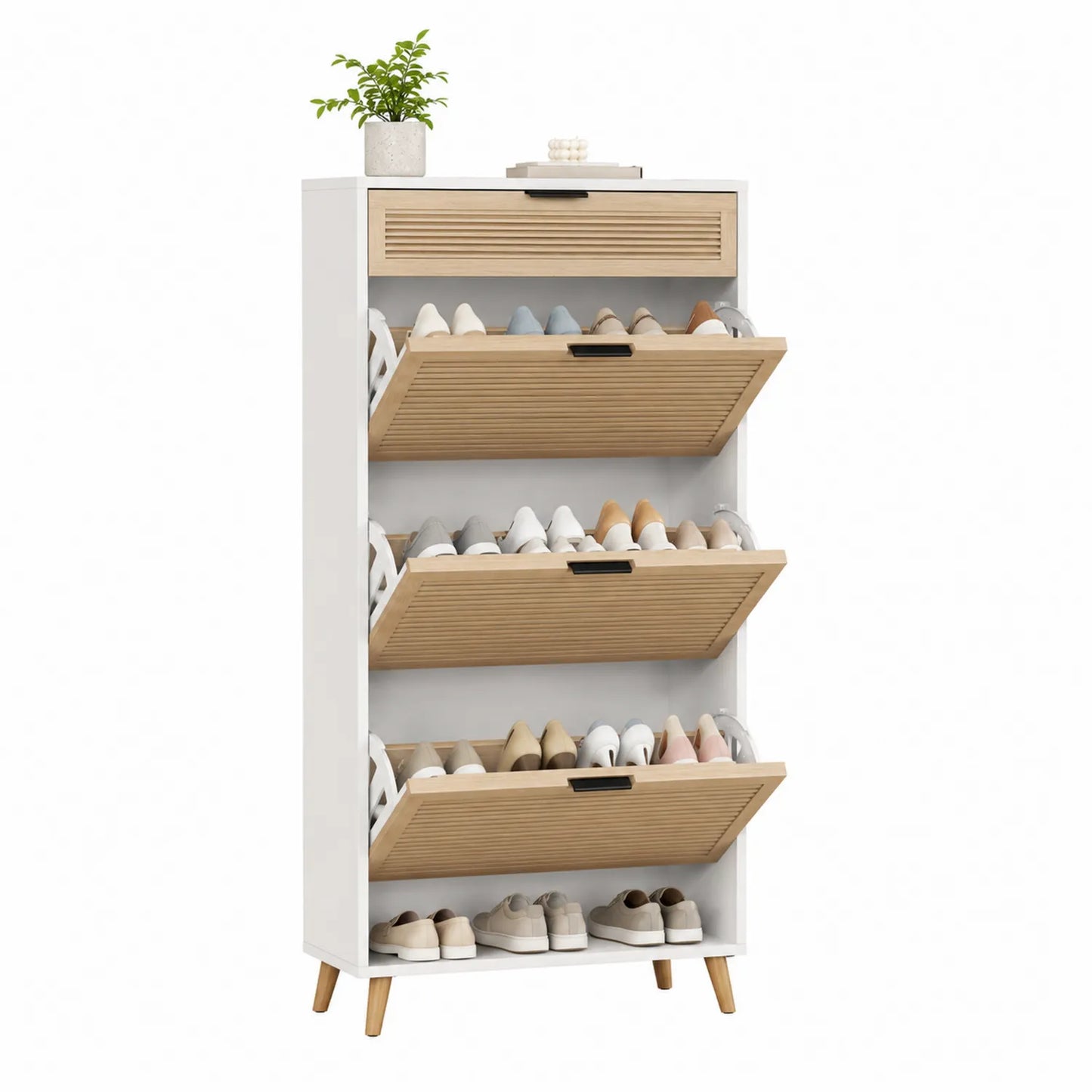 Zapatero de Madera MDF y Bambú para 20 Pares, Blanco y Natural, 4 Niveles