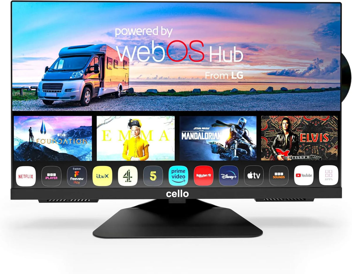 Cello Smart TV C2224WSF, 22 polegadas, 12 V, TV, webOS, sem moldura, Bluetooth, camping, Colunas de som perfeitos