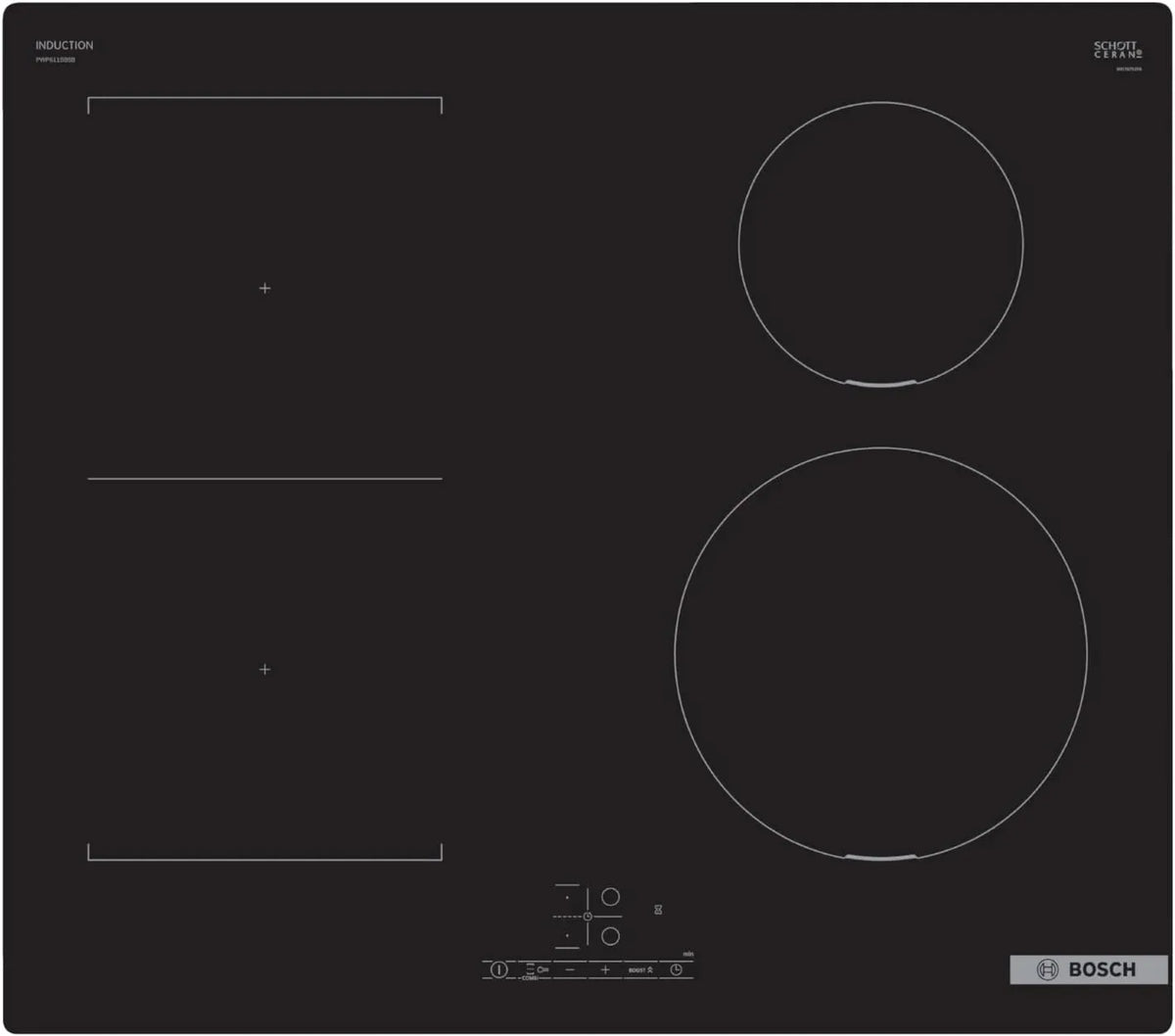 Bosch PWP611BB5B Placa de indução, 60 cm, placa de cozinha de indução, Boost, toque, temporizador, preto, Bosch Série 4 PWP611BB5B Placa de cozedura