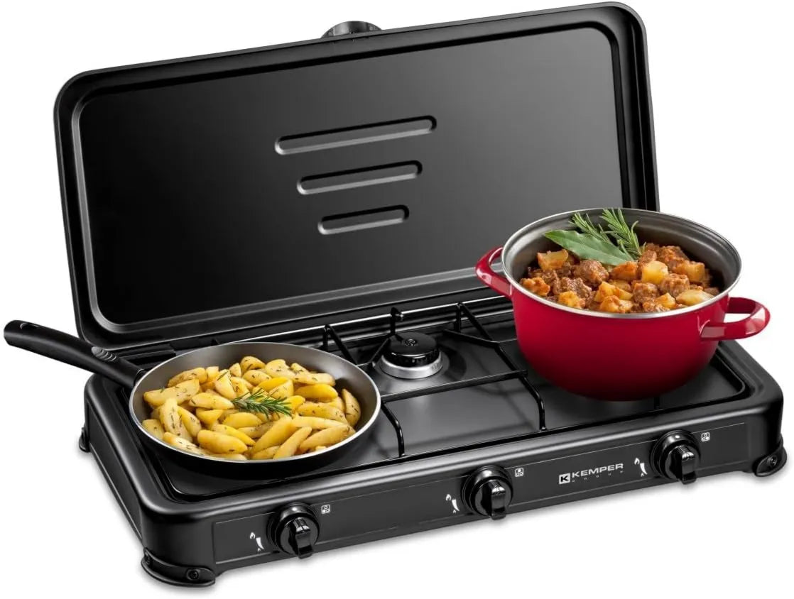 Placa de cozinha, 3 lareiras, 3450 W, portátil, preto, Kemper, KEMPER - Secador de gás portátil 3 zonas 3450W Preto Capa Placa de cozinha