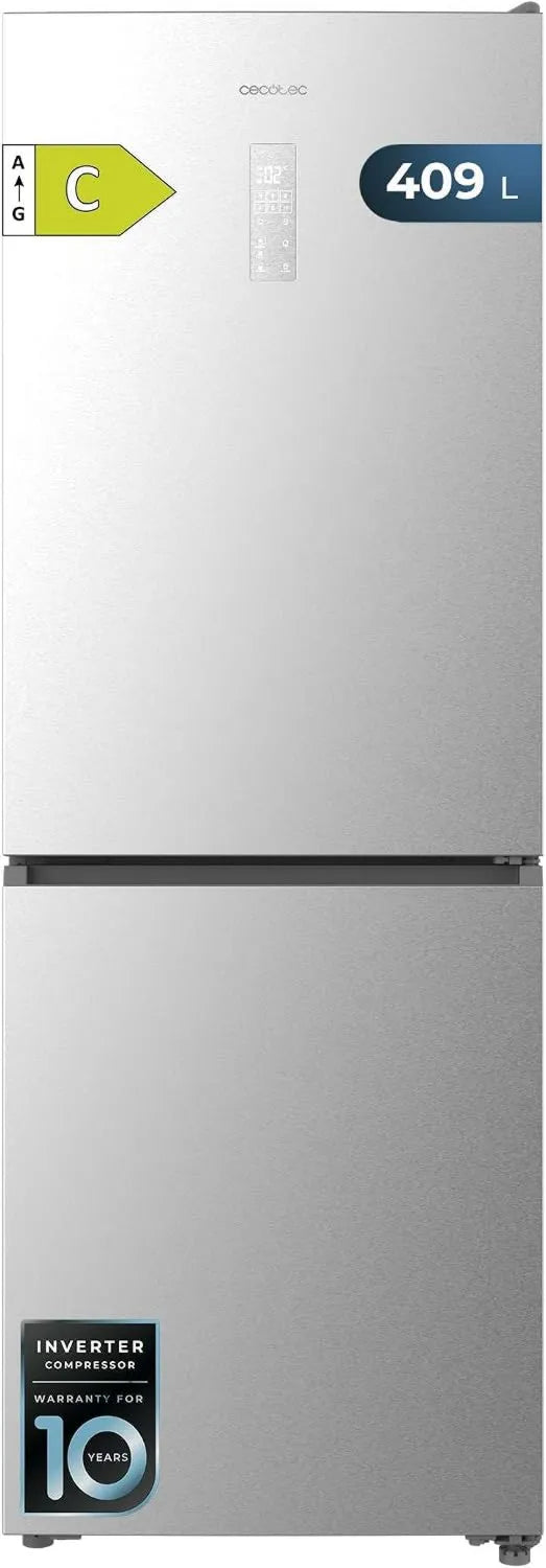 Cecotec Bolero CoolMarket Frigorífico Combi, 409 L, No Frost, Inversor, Aço inoxidável, INSIDE MAx com tecnologia VIP, Baixo consumo, Aço inoxidável