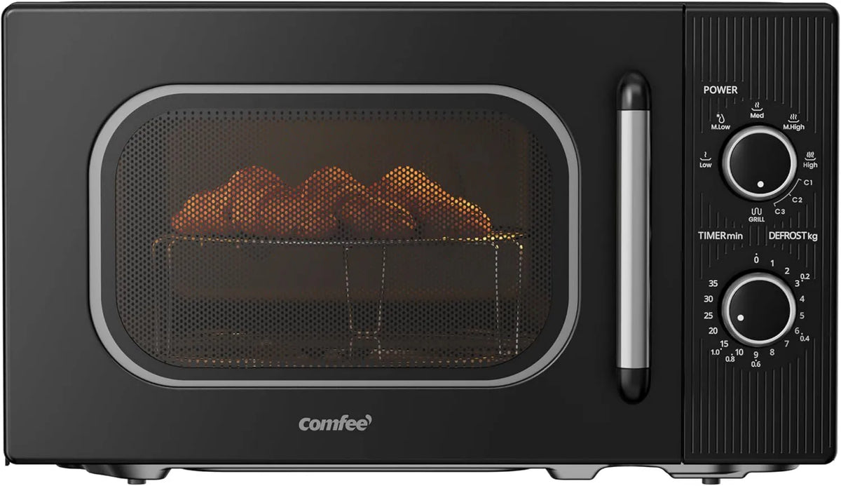 Comfee Microondas, 20 L, 700/1000 W, temporizador, grelha, preto, Temporizador 1-35 min, 5 Níveis de Potência, Grill 1000 W, 20 Lits, Design compacto