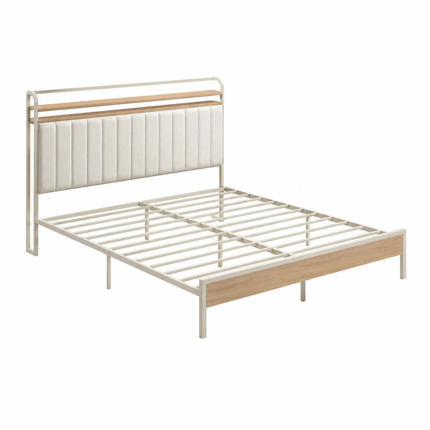 Cama de metal con cabecero acolchado de espuma PU blanca
