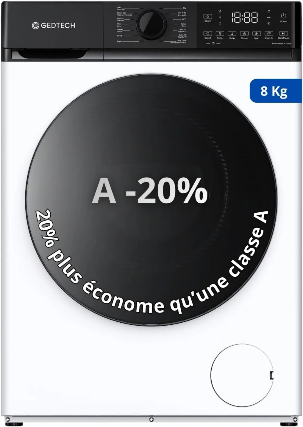 GEDTECH Máquina de lavar GLL81400WH, 16 programas, classe energética A, 1400 tr, min, 8 kg, A-20% classe