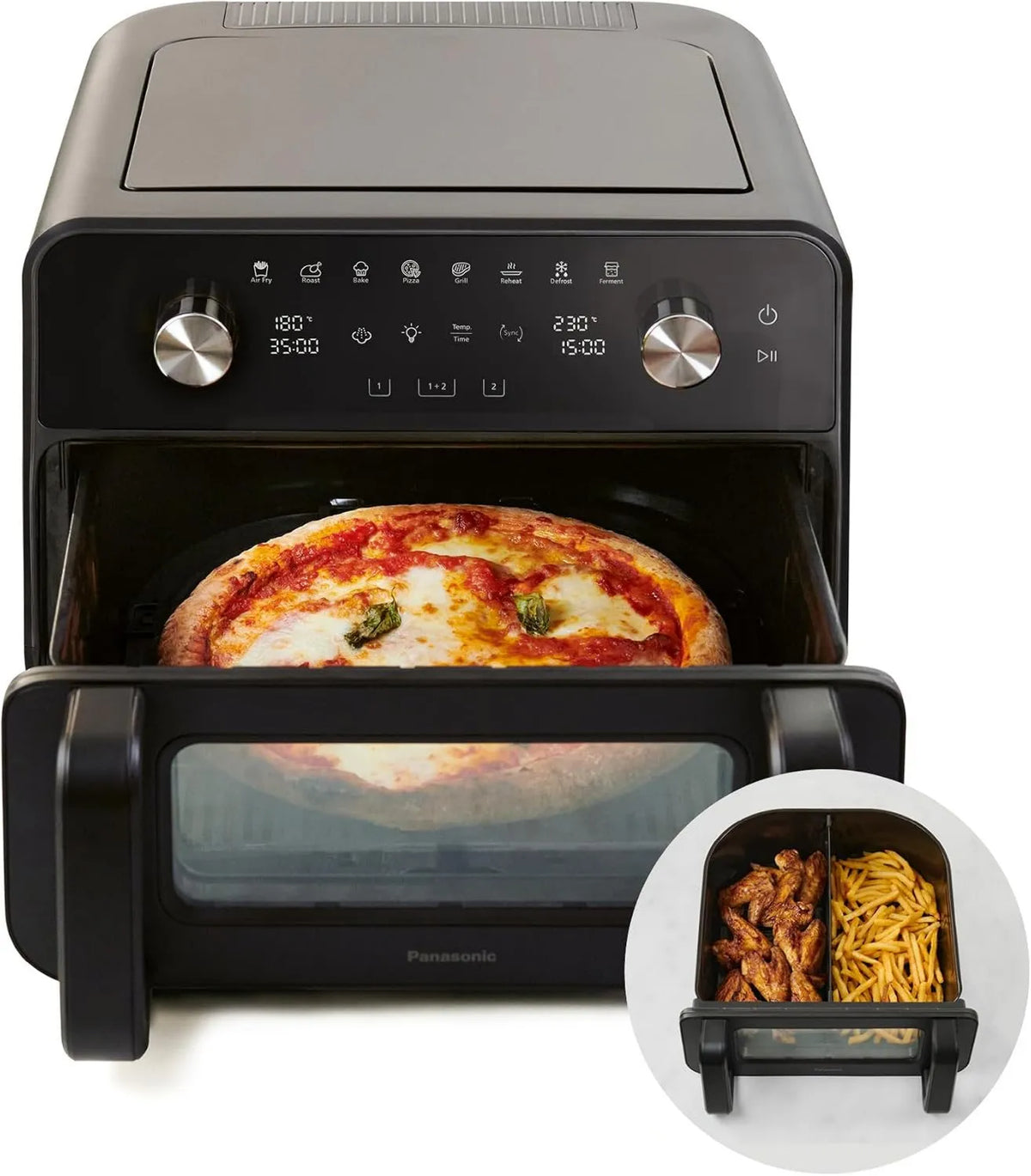 Panasonic NF-BC1000 2-zonas Secador de ar quente, 30cm, 6L, 30 a 230°C, pizza, vapor, removível, preto, xL cesta flexível, vapor macio, 6L