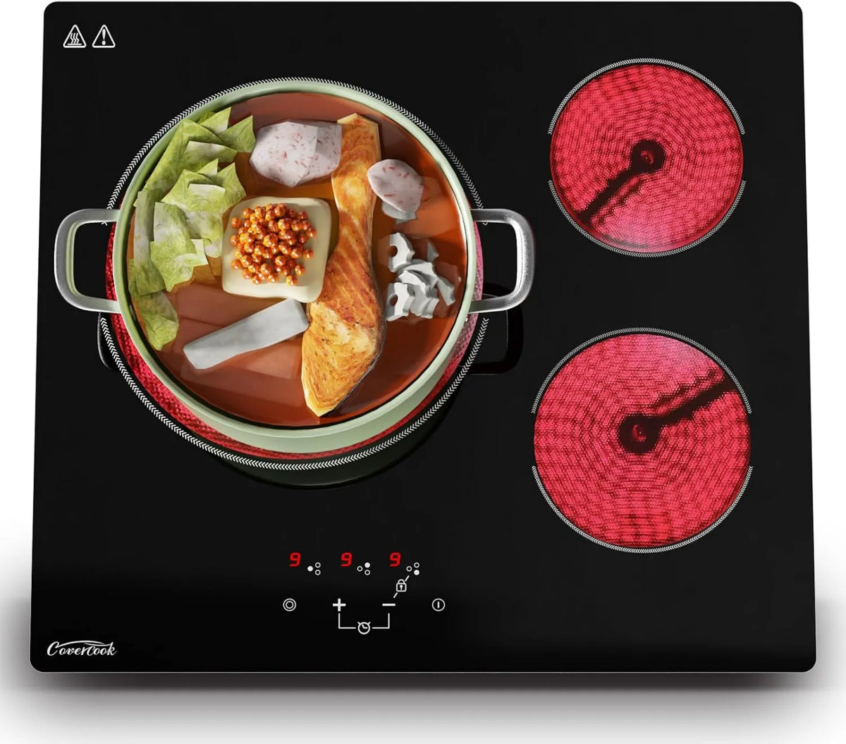 COVERCOOK Placa de vidro cerâmico, 60 cm, 3 lareiras, 5400 W, toque, temporizador, mesa de cozinha elétrica, 5400W, ébano, segurança integrada