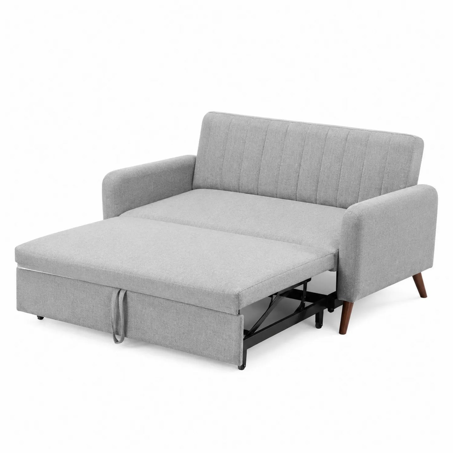 Sofá cama de tela gris con estructura metálica y patas de madera de haya