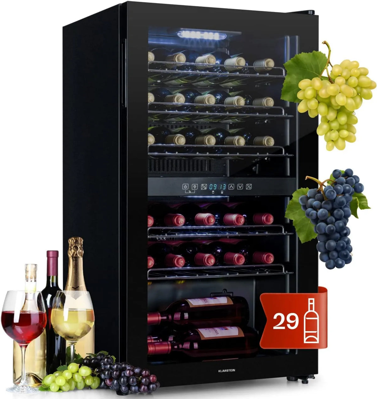 KLARSTEIN adega elétrica, 80 L, 29 garrafas, 2 lareiras, 5 a 18 °C, vidro, standing, silencioso, aço inoxidável, preto, moldura de aço inoxidável, LED