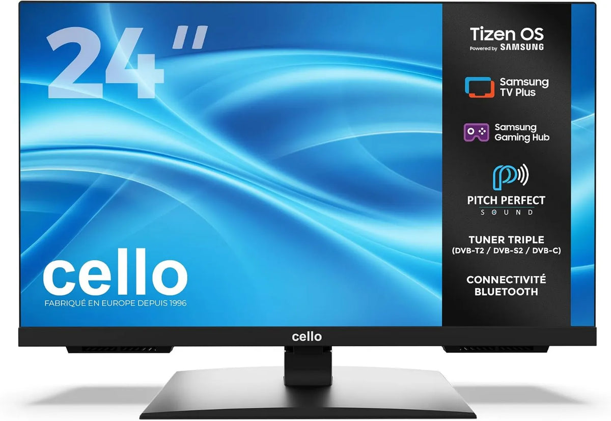 Cello Samsung C2426TZH Smart TV, 24 polegadas, TV, Tizen OS, sintonizador triplo DVB-T2, S2, sem moldura, Bluetooth, Hub de jogos, colunas perfeitos de lançamento