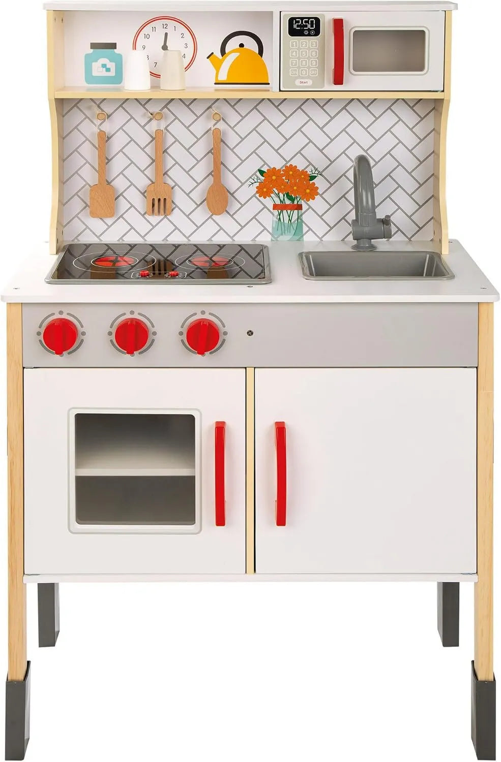 Placa de vidro cerâmico, 94, 5 x 59, 5 x 30 cm, WOOMAx Toy Kitchen com luz e som, 49549, para meninos e meninas