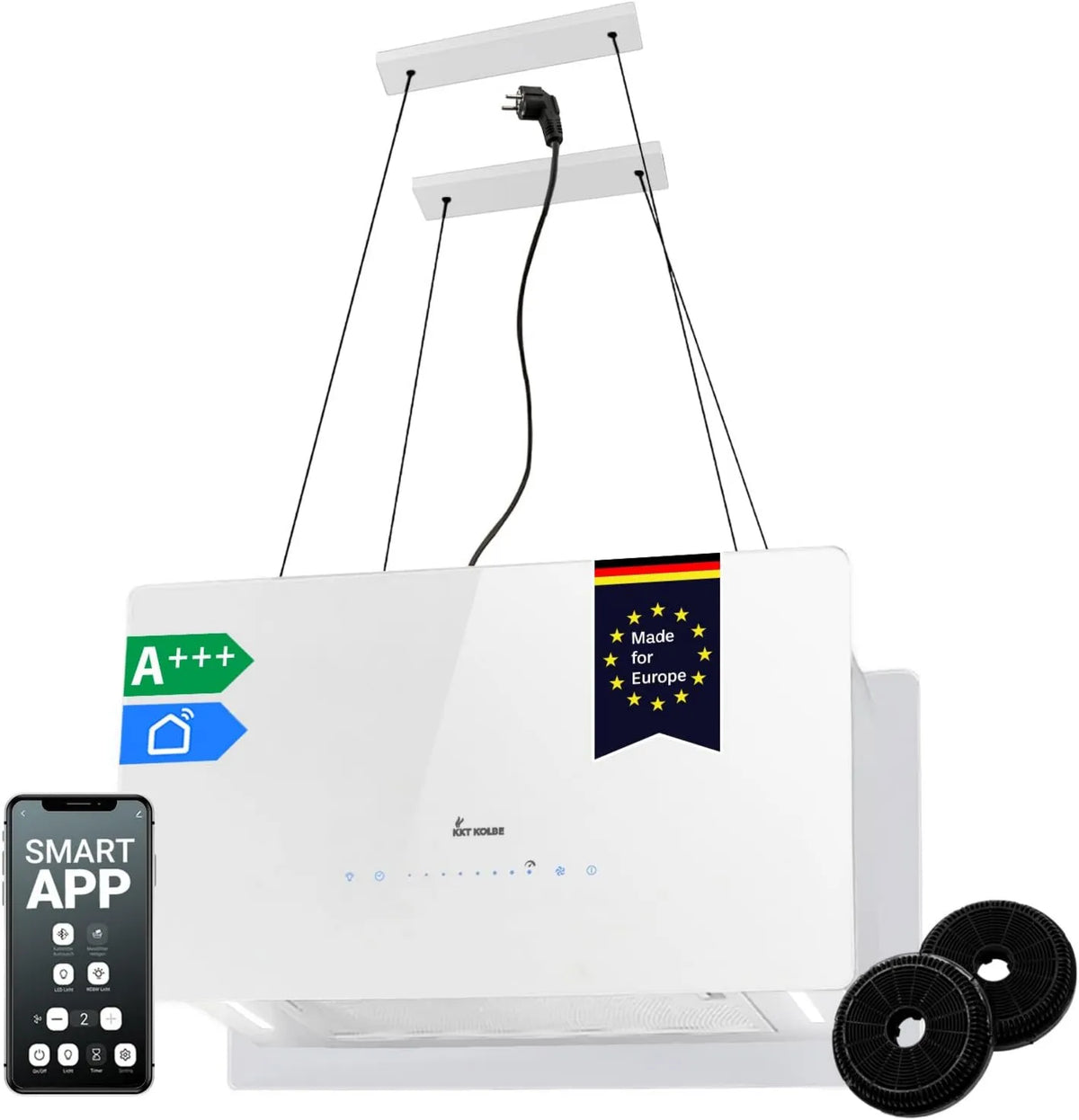 KKT KOLBE exaustor, 60 cm, 764 m3/h, capa de cozinha, KKT CUBE60FW, iluminação LED, Wi-Fi, aplicação, branco, 9 níveis, capa de ilhota suspensa, Vidro