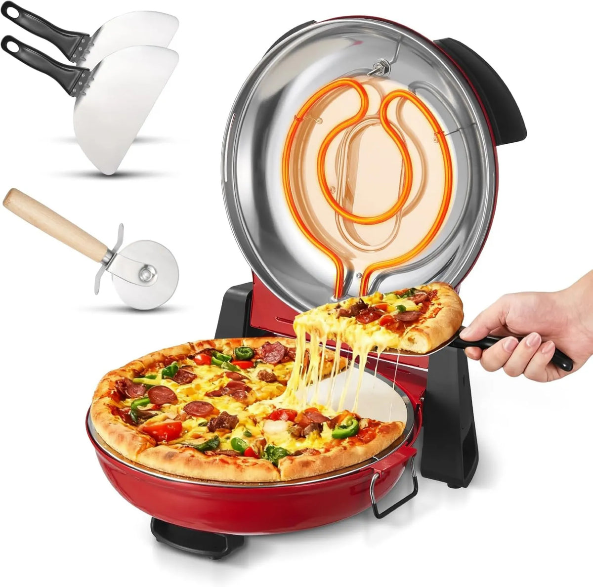 VEVOR Pizza forno elétrico, 1200 W, 2 zonas de temperatura, vermelho, Aquecedor até 420 °C, Pedra Cordierite, 5 modos de controlo do