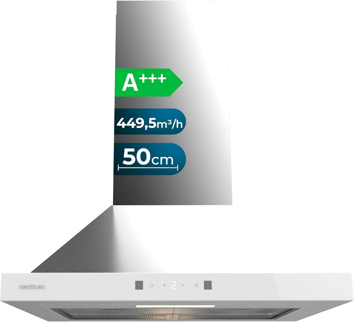 Cecotec Bolero PT exaustor de fluxo, 50 cm, 449, 5 m3/h, classe energética A, capa de cozinha, Boost, toque, aço inoxidável, branco, controlo