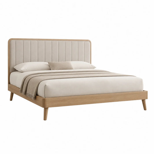 Cama de madera con cabecero tapizado en beige 200x160 cm