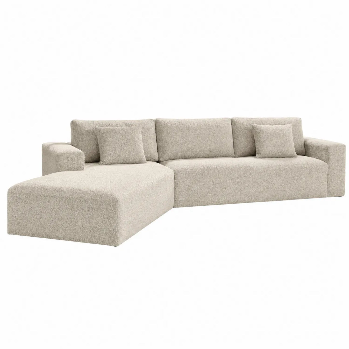 Sofá chaise longue en forma de L de tela beige y madera contrachapada