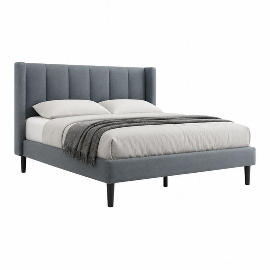 Cama de Matrimonio de Tela Gris con Cabecero y Patas Negras
