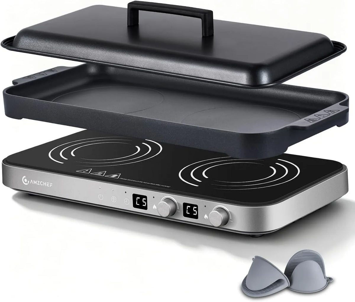 Placa de indução, 2 lareiras, 3000 W, mesa de cozinha de indução, AMZCHEF, portátil, grelhador, camping, removível, 2 zonas de temperatura, cinza, para churrasco