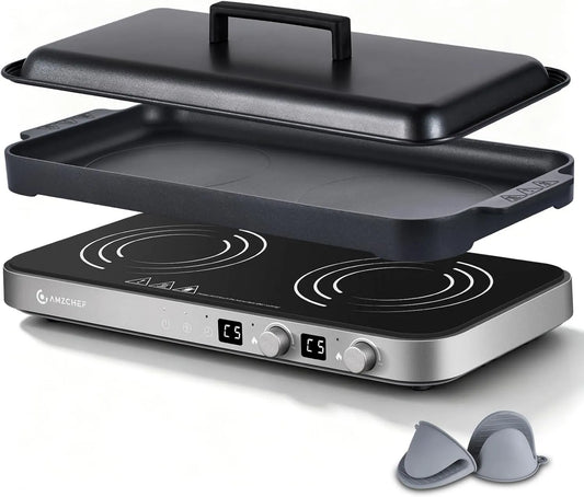 Placa de indução, 2 lareiras, 3000 W, mesa de cozinha de indução, AMZCHEF, portátil, grelhador, camping, removível, 2 zonas de temperatura, cinza, para churrasco