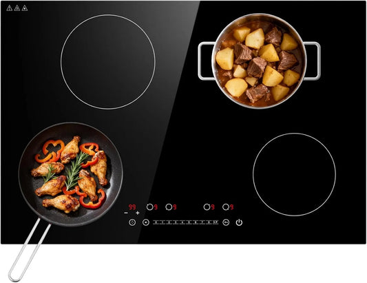 GTKZW Placa de indução, 77cm, 4 lareiras, 6400W, mesa de cozinha de indução, Boost, toque, recesso, temporizador, independente, temporizador e