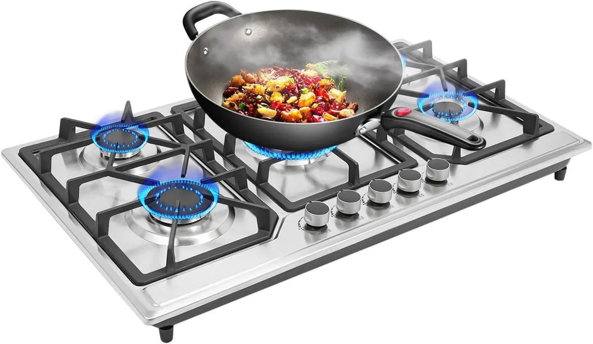 cunnyend Utensílios de cozinha com forno, 58 cm, 5 lareiras, 8000 W, encastrado, ferro fundido, placa de gás 5 zonas, GN, GPL conversível, proteção térmica