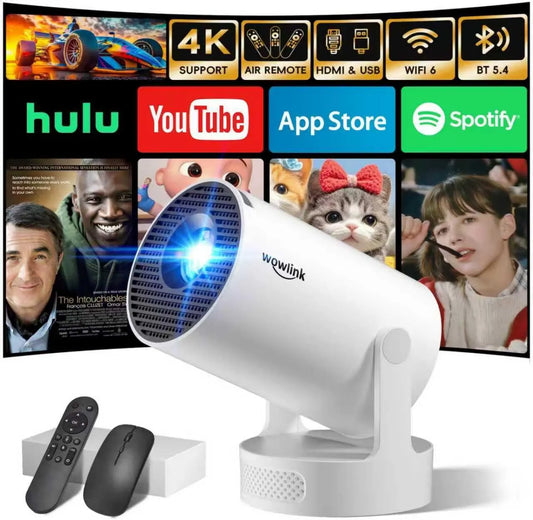 wowlink Smart TV 1080P, TV, 4K UHD, HDMI, Wi-Fi, Bluetooth, Branco, aplicaçãos integrados e 2026 atualizado, 4K 1080P Auto Keystone Rotação Suporte Projetor