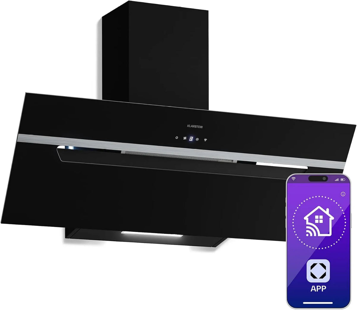 exaustor KLARSTEIN, 90 cm, 417 m3/h, capa de cozinha, inclinação, evacuação e reciclagem, 3 velocidades, Boost, toque, preto, LED, Filtro de Carbono