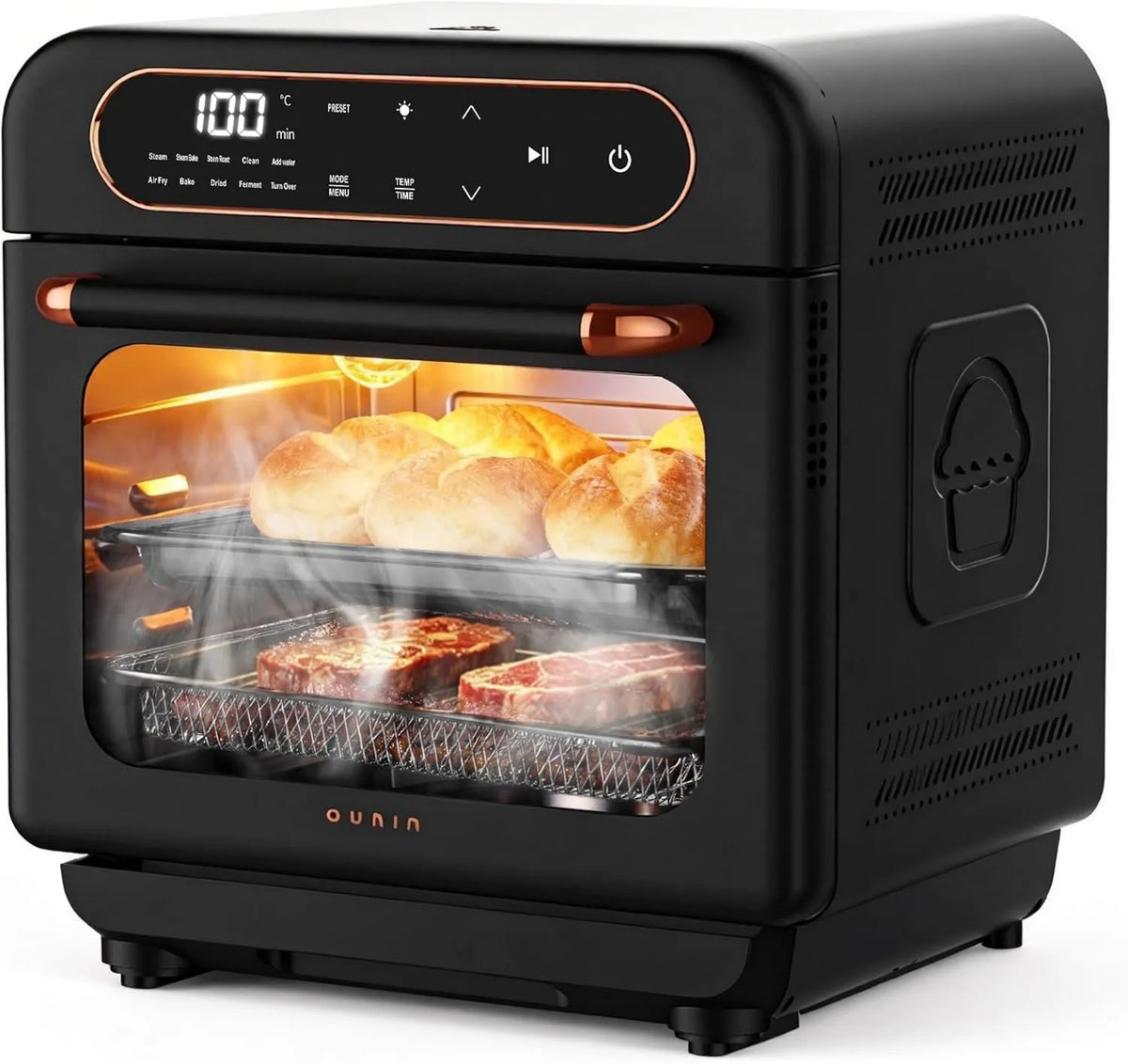 Forno elétrico, 12 L, 1100 W, compacto, vapor, circulação de ar Quente 360°, OUNIN 12L Mini forno, 1100W, Piso de Cozinha dupla, Frango Rôti, Gigot