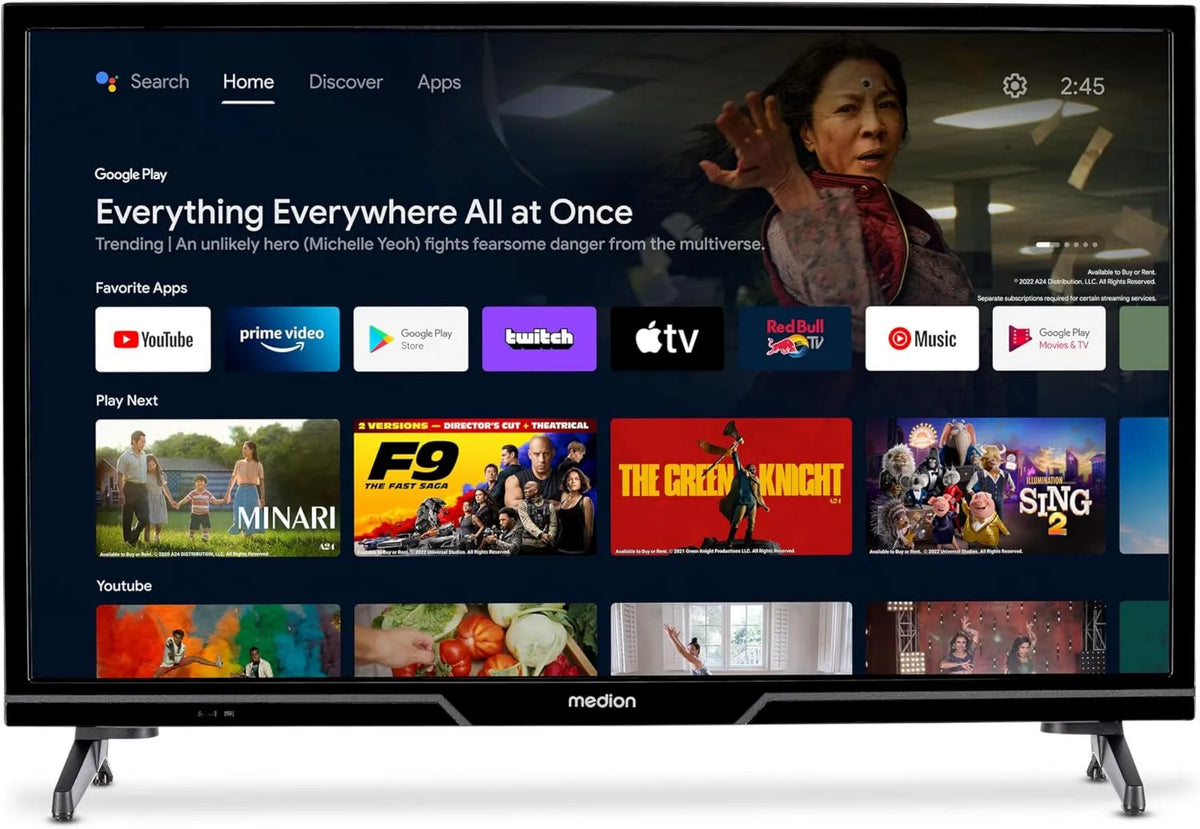 MEDION Smart TV, 24 polegadas, TV, P12431, HDR, Bluetooth, Android OS, gravação PVR, MD 29240, 8 cm, Netflix, Vídeo Prime