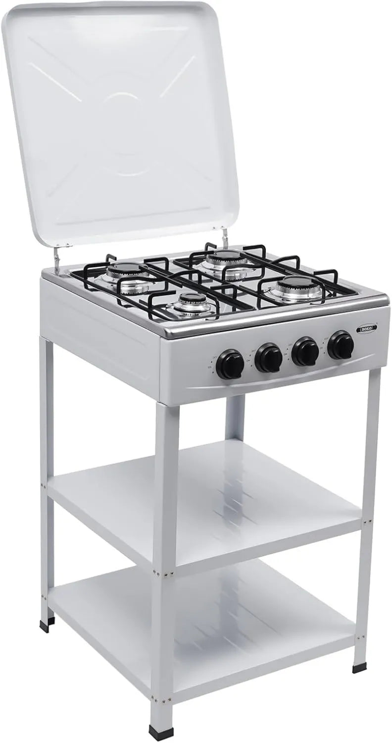 Donened Utensílios de cozinha com forno, 49 x 49 x 79 cm, auto-suficiente, camping, branco, placa de gás de 4 chamas com suporte antiderrapante, fogão a gás para