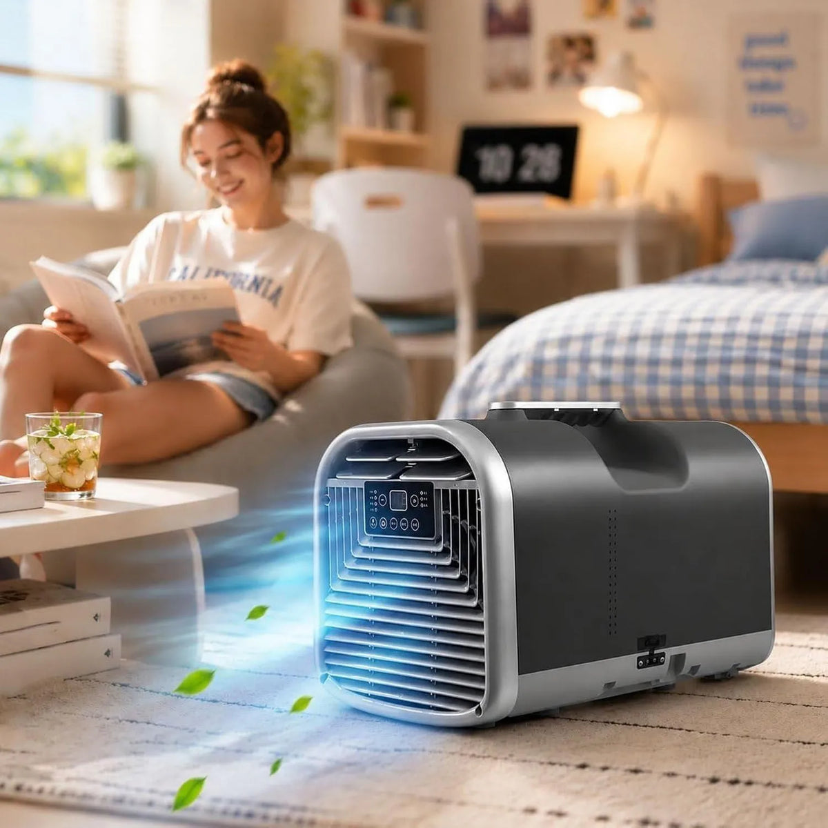 HUANQIN 4-em-1 ar condicionado, portátil, toque, 3 velocidades, preto, 4400 BTU-preto, Modos noturnos com comando à distância, desumidificação, ventilador