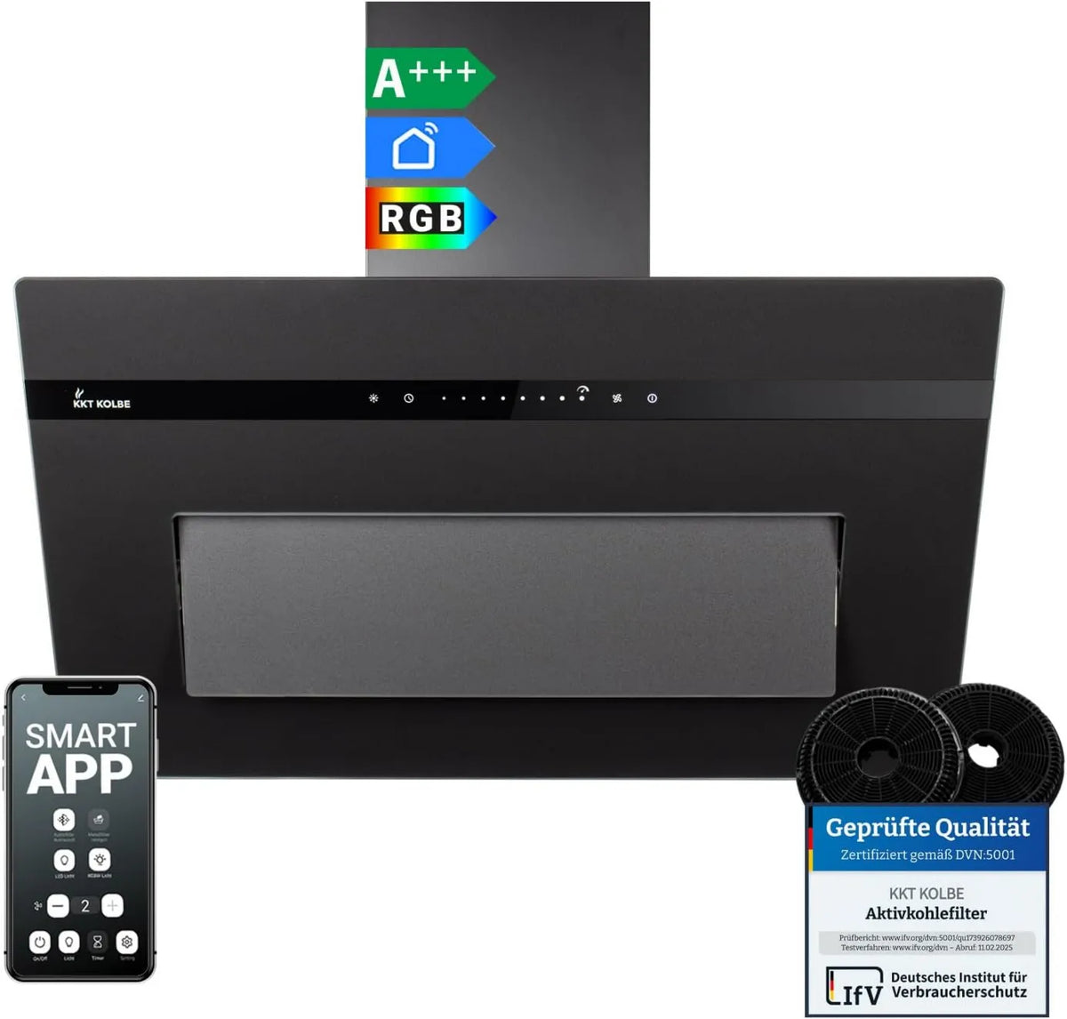KKT KOLBE PLOOM8005S, 80 cm, 782 m3/h, capa de cozinha, evacuação e reciclagem, instalação de parede, toque, Wi-Fi, preto, RGBW LED, WiFi App