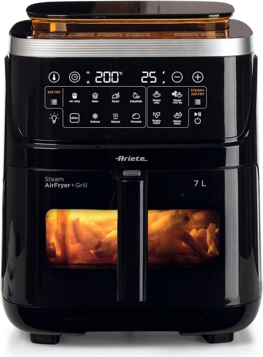 Ariete Secador de ar quente, 1700 W, 10 programas, timer, grelha, vapor, preto, 10 funções de cozinha, desidratação, cesta transparente