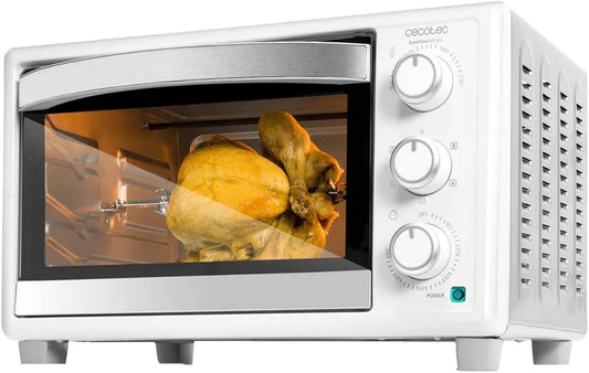 Cecotec Forno elétrico, 30 L, 1500 W, 5 programas, branco, 5 funções diferentes, Inclui pinos rotativos, iluminação interior