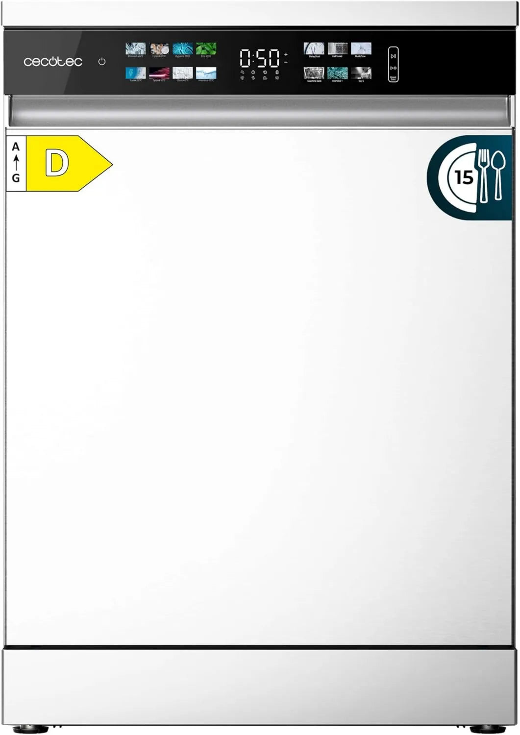 Cecotec Bolero Aguazero 6210 Máquina de lavar loiça, 60cm, classe energética D, aquaStop, travamento, branco, 15 talheres, FullColor xxL ecrã, Lavagem Dual