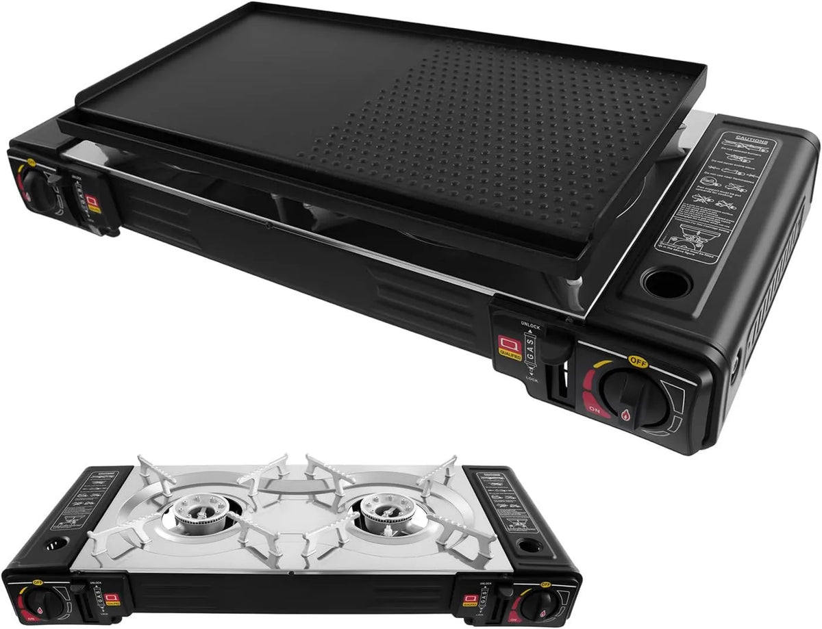 SanBouSi Placa de gás, 2500 W, camping, placa de gás, 2 em 1 kit de churrasco a gás, 2 queimadores com placa, ignição piezo