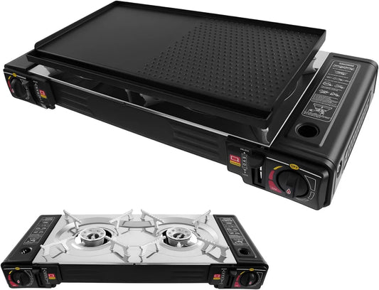 SanBouSi Placa de gás, 2500 W, camping, placa de gás, 2 em 1 kit de churrasco a gás, 2 queimadores com placa, ignição piezo