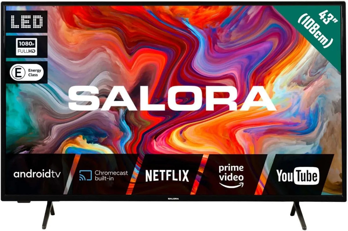 Smart TV, 43 polegadas, E-class, 3 HDMI, TV, SALORA SMART43TV, som Dolby, Wi-Fi, Bluetooth, Android OS, ecrã LED, Dolby Audio