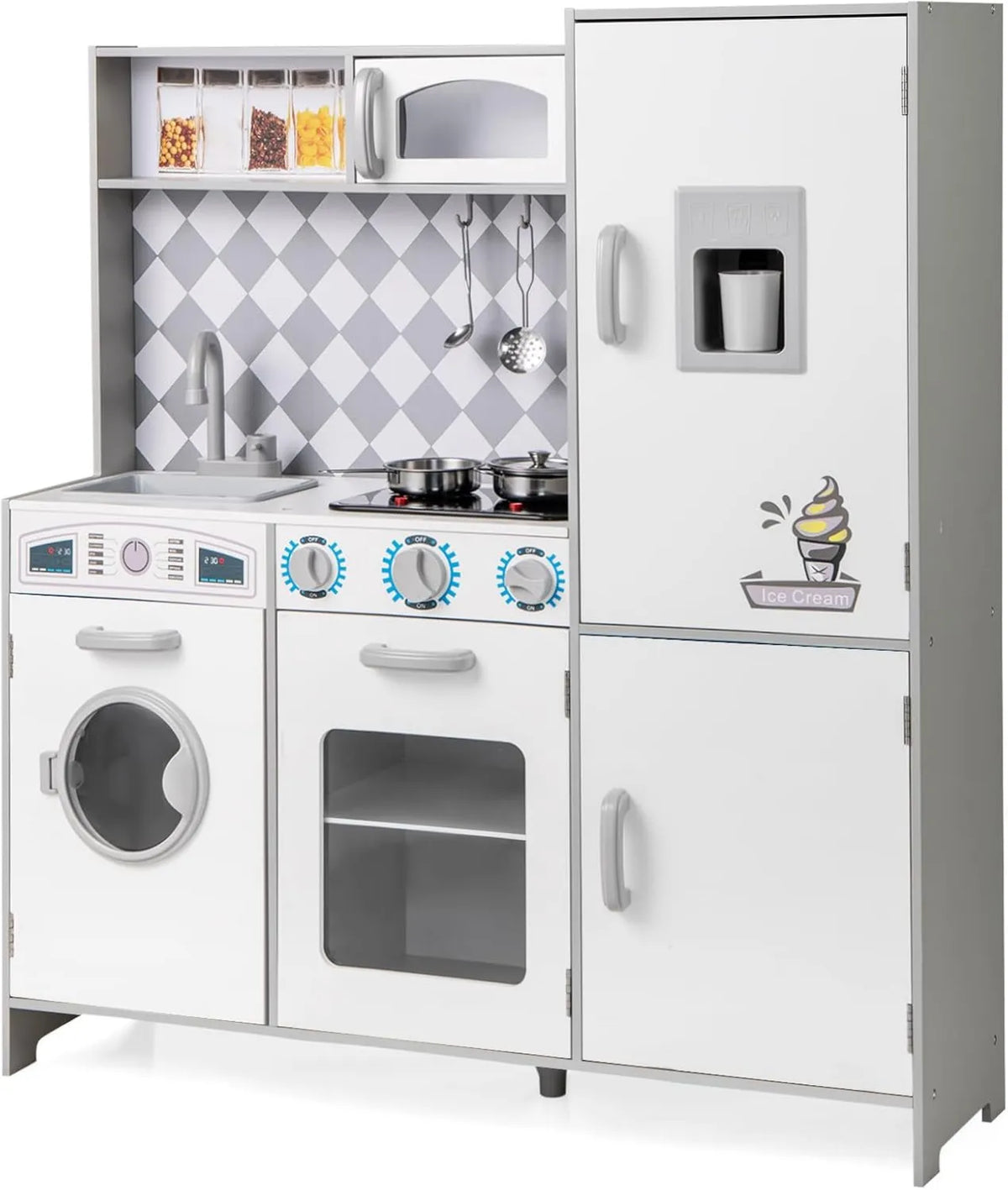 Máquina de lavar roupa, brinquedo de simulação para 3 anos + Crianças, COSTWAY Wood criança cozinha com efeitos de som e luz, máquina de gelo