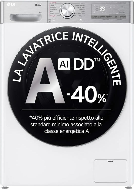 LG F4R9009TPWC Máquina de lavar roupa, 9 kg, classe energética A, Wi-Fi, vapor, branco, carga antes da série R9, 1400 voltas, LG AI DD F4R9009TPWC Máquina de lavar roupa
