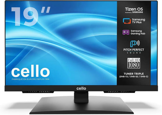 Cello Samsung C1926TZH Smart TV, 19 polegadas, TV, Tizen OS, sintonizador triplo DVB-T2, S2, Bluetooth, Hub de jogos, Son Pitch Perfect