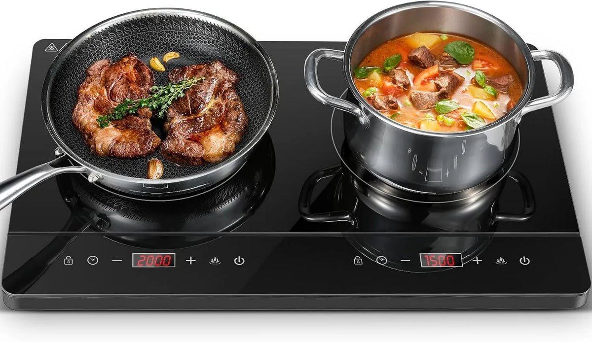 KICHPOWER Placa de indução, 2 lareiras, 3500 W, mesa de cozinha de indução, toque, standing livre, portátil, 2 zonas de temperatura, controlo independente
