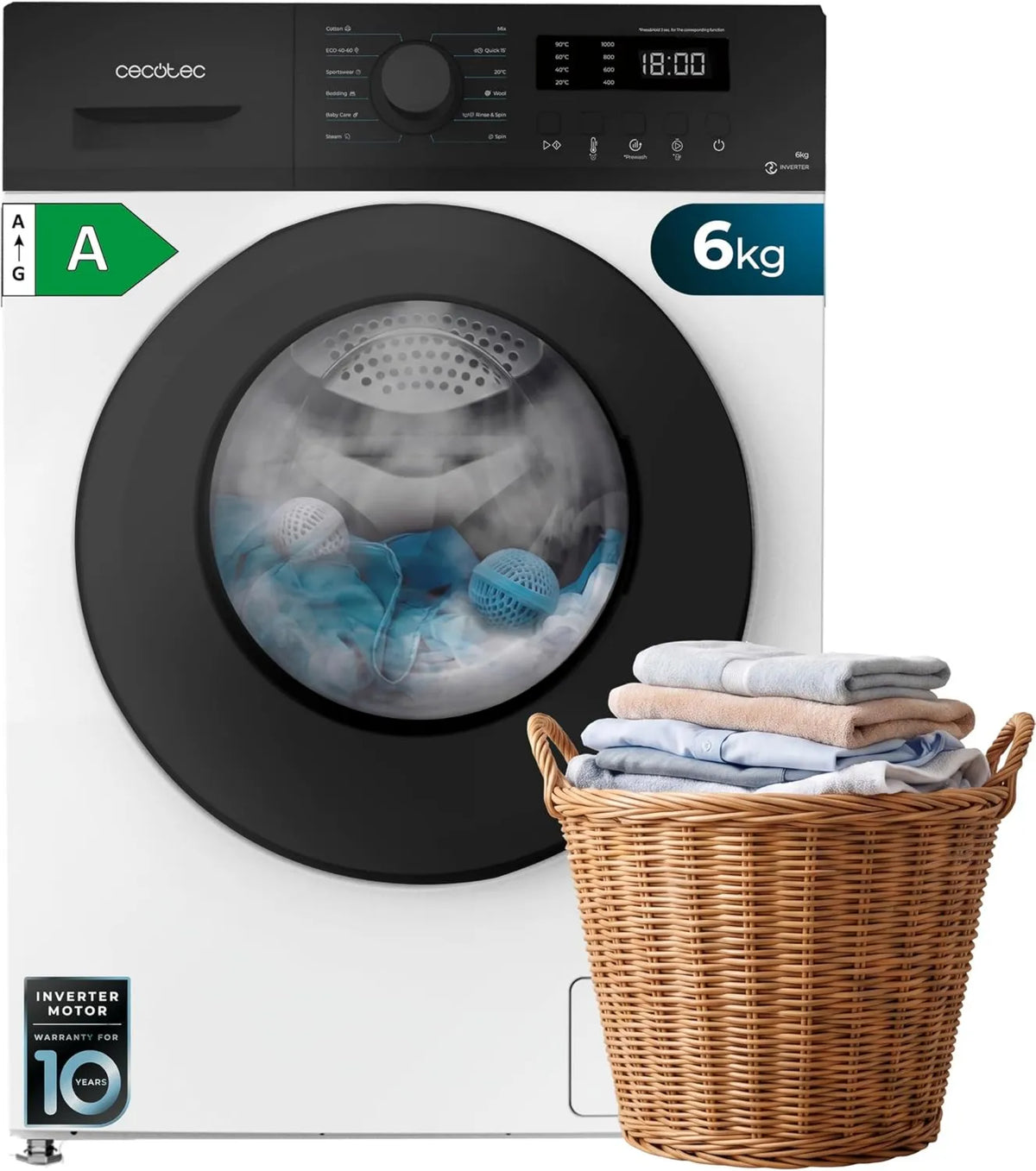 Cecotec Bolero DressCode 7150 Máquina de lavar roupa, 12 programas, 7 kg, classe energética A, travamento, inversor, vapor Max, 1400 tr, min, Drum Clean