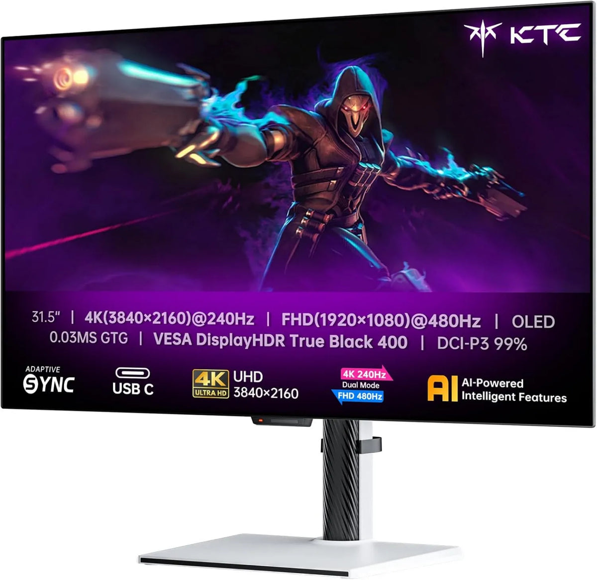 KTC Monitor, 32 polegadas, 03 ms, 240 Hz, 3 USB, HDR, 4K UHD, OLED, HDMI, ecrã de PC, preto, 0 tempo de resposta, DP 1, USB C 65W, ecrã de PC Gamer Modo Duplo