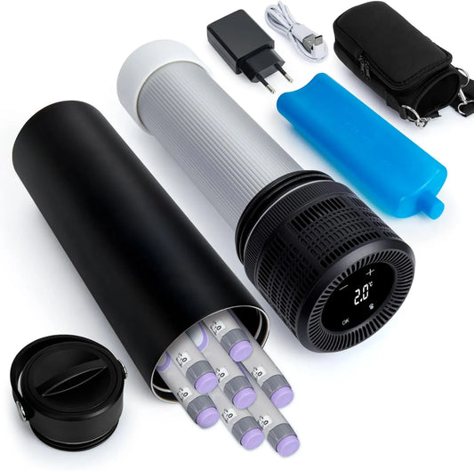 YOUSHARES Frigorífico elétrico, 2 a 8 °C, USB, 2 zonas de temperatura, transporte de insulina e medicamentos, mini frigorífico portátil, preto, garrafa isotérmica