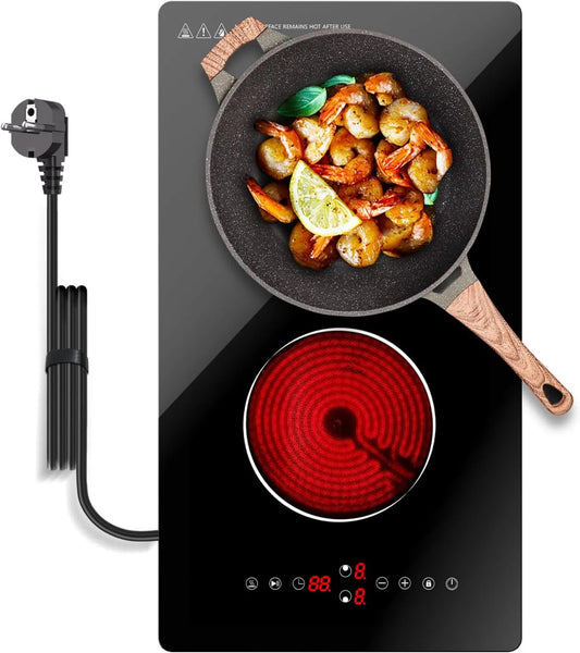 Borrallio Placa de vidro cerâmico, 2 lareiras, 3000 W, recesso, toque, temporizador, fechadura, placa de cozinha elétrica 2 zonas, Placa elétrica 2 zonas