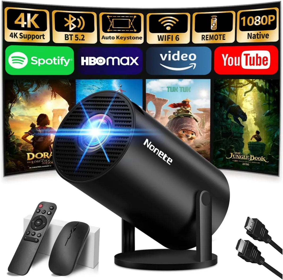 Nonete Smart TV 1080P, TV, 4K UHD, HDMI, Wi-Fi, Bluetooth, preto, App encastrado e 2026 Upgraded, Projetor 4K 1080P Mini projetor com WiFi 6