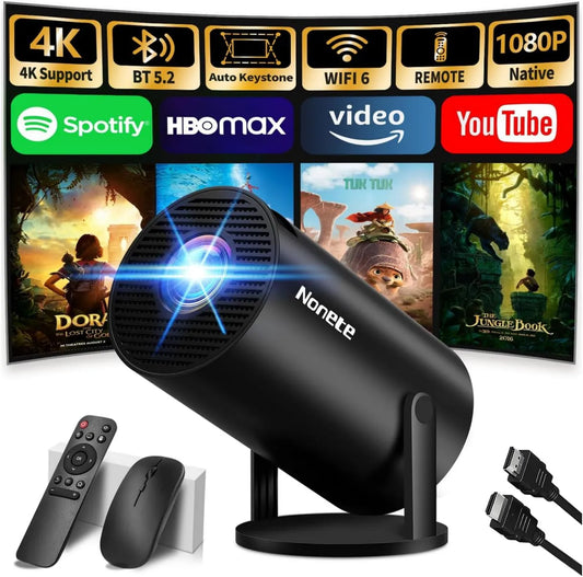 Nonete Smart TV 1080P, TV, 4K UHD, HDMI, Wi-Fi, Bluetooth, preto, App encastrado e 2026 Upgraded, Projetor 4K 1080P Mini projetor com WiFi 6