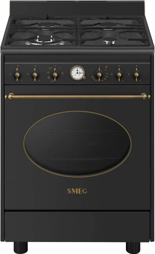 Smeg CO60GMAN2 Fogão a gás com forno elétrico, 60 cm, 4 lareiras, classe E-energia, vapor, 4 fogueiras, estética colonial, limpeza com