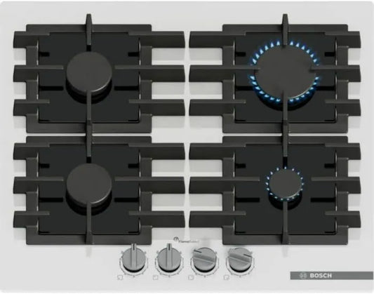 Bosch PPP6A2I40 Placa de gás, 60 cm, 4 lareiras, placa de gás, branco, 4 zonas, vidro temperado, quartzo branco